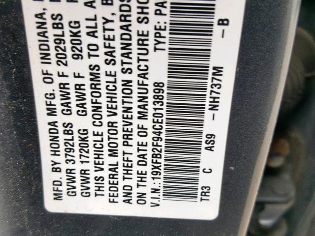 19XFB2F94CE013898 - 2012 HONDA CIVIC EXL GRAY photo 10