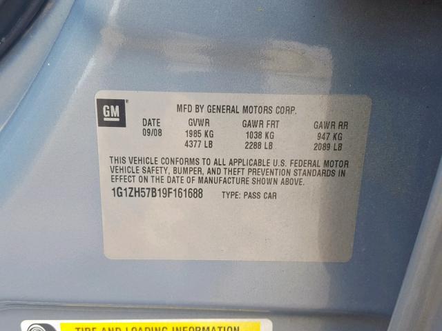 1G1ZH57B19F161688 - 2009 CHEVROLET MALIBU 1LT BLUE photo 10