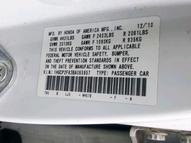 1HGCP2F83BA065957 - 2011 HONDA ACCORD EXL WHITE photo 10