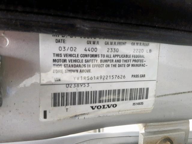 YV1RS61R922157626 - 2002 VOLVO S60 SILVER photo 10