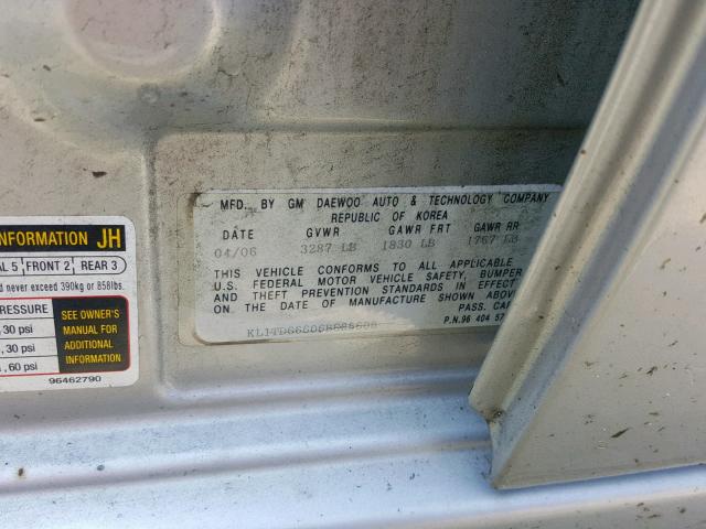 KL1TD66606B685606 - 2006 CHEVROLET AVEO BASE 银色 照片 10