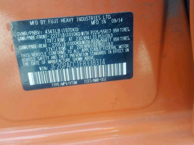 JF2GPACC1E8338314 - 2014 SUBARU XV CROSSTR ORANGE photo 10