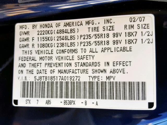 5J8TB18517A019272 - 2007 ACURA RDX TECHNO BLUE photo 10