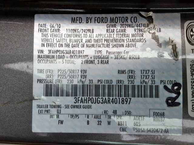 3FAHP0JG3AR401897 - 2010 FORD FUSION SEL GRAY photo 10