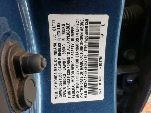 19XFA1F62BE037215 - 2011 HONDA CIVIC LX-S Mavi foto 10