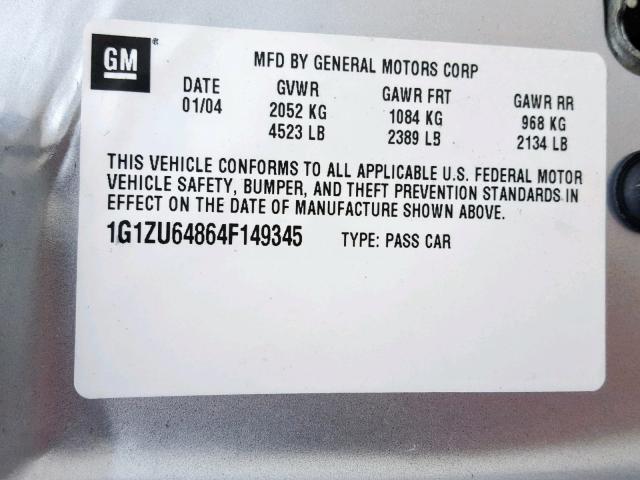 1G1ZU64864F149345 - 2004 CHEVROLET MALIBU MAX 银色 照片 10