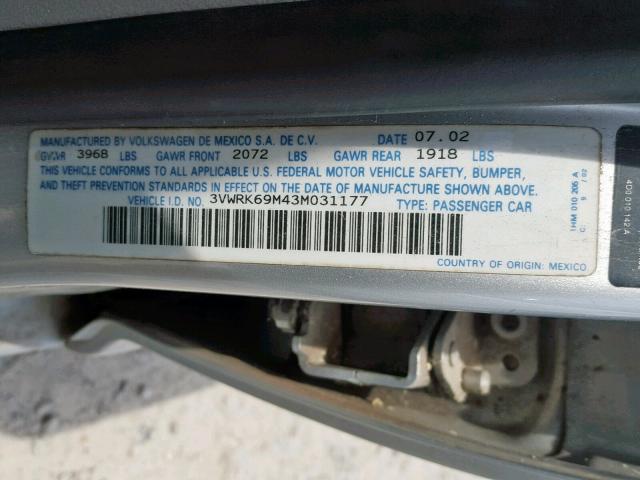 3VWRK69M43M031177 - 2003 VOLKSWAGEN JETTA GL GRAY photo 10