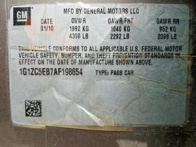 1G1ZC5EB7AF198654 - 2010 CHEVROLET MALIBU 1LT 棕色 照片 10