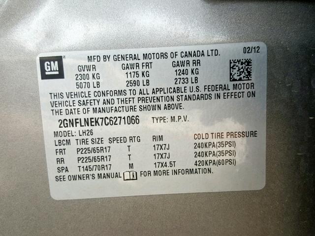 2GNFLNEK7C6271066 - 2012 CHEVROLET EQUINOX GRAY photo 10