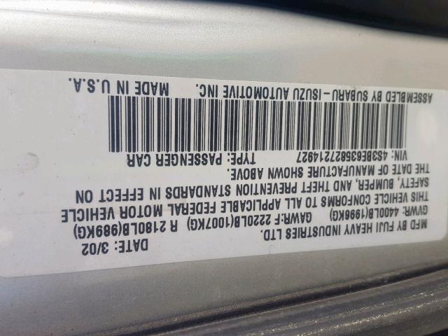 4S3BE635827214927 - 2002 SUBARU LEGACY L SILVER photo 10