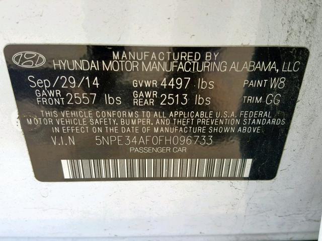 5NPE34AF0FH096733 - 2015 HYUNDAI SONATA SPO WHITE photo 10