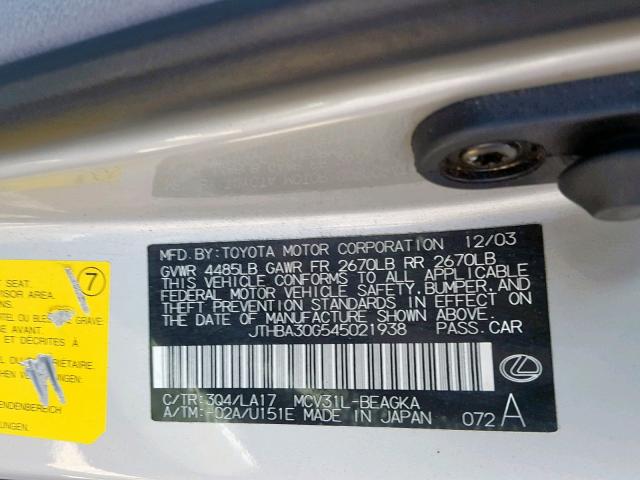 JTHBA30G545021938 - 2004 LEXUS ES 330 SILVER photo 10