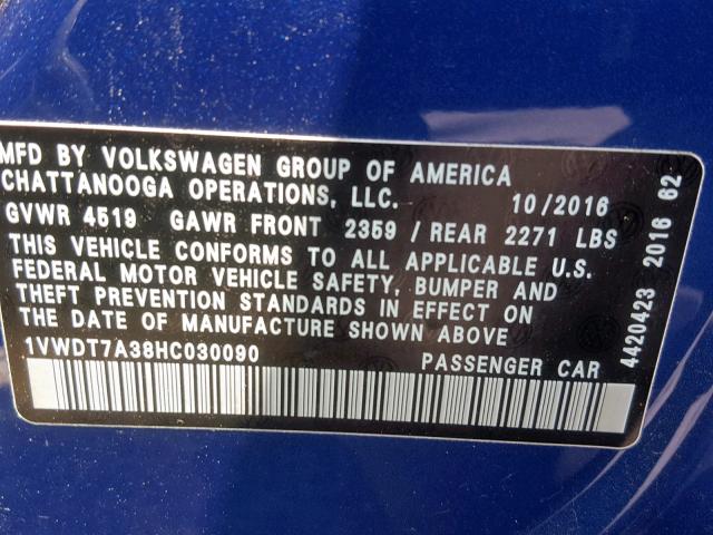 1VWDT7A38HC030090 - 2017 VOLKSWAGEN PASSAT R-L BLUE photo 10