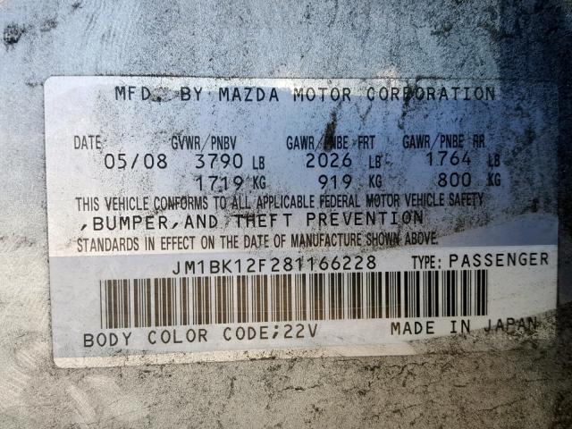 JM1BK12F281166228 - 2008 MAZDA 3 I SILVER photo 10