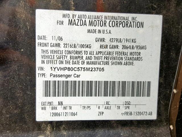 1YVHP80C575M23705 - 2007 MAZDA 6 BLACK photo 10