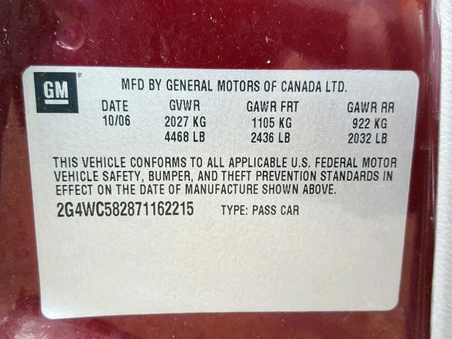 2G4WC582871162215 - 2007 BUICK LACROSSE C BURGUNDY photo 10