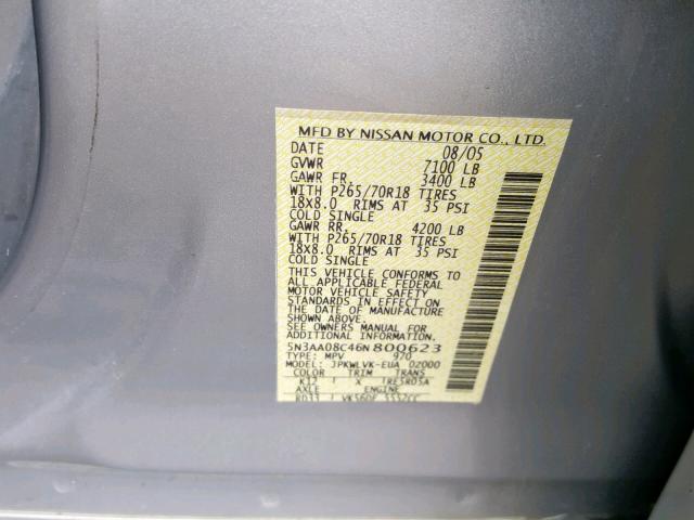 5N3AA08C46N800623 - 2006 INFINITI QX56 SILVER photo 10