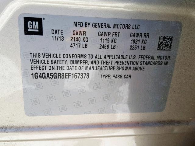 1G4GA5GR8EF167378 - 2014 BUICK LACROSSE GOLD photo 10