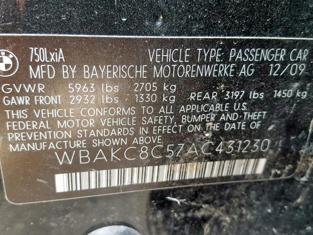 WBAKC8C57AC431230 - 2010 BMW 750 LI BLACK photo 10