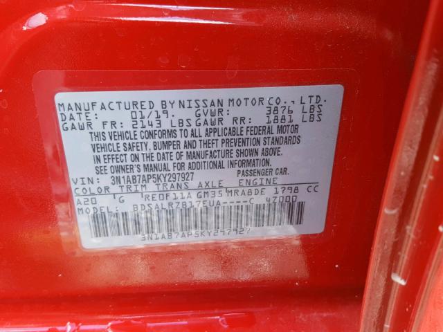 3N1AB7AP5KY297927 - 2019 NISSAN SENTRA S RED photo 10