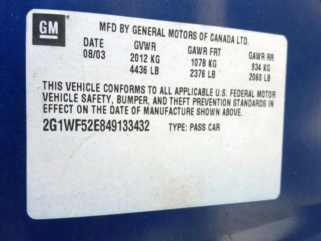 2G1WF52E849133432 - 2004 CHEVROLET IMPALA BLUE photo 10