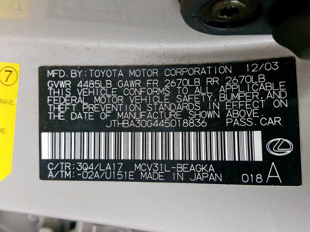 JTHBA30G445018836 - 2004 LEXUS ES 330 SILVER photo 10