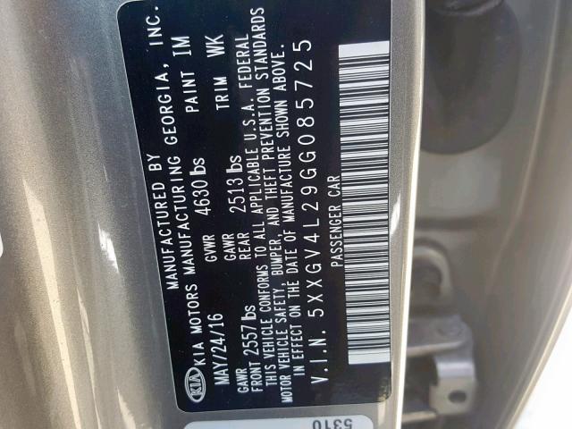 5XXGV4L29GG085725 - 2016 KIA OPTIMA SXL GRAY photo 10