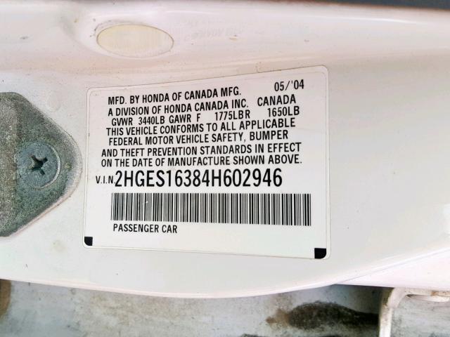 2HGES16384H602946 - 2004 HONDA CIVIC DX V WHITE photo 10