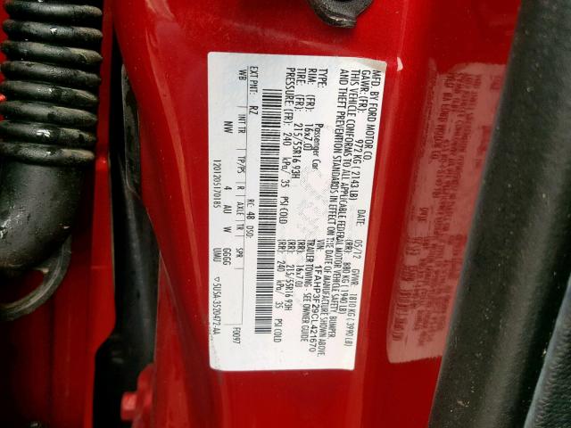 1FAHP3F29CL421670 - 2012 FORD FOCUS SE RED photo 10