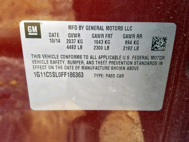1G11C5SL0FF186363 - 2015 CHEVROLET MALIBU 1LT MAROON photo 10