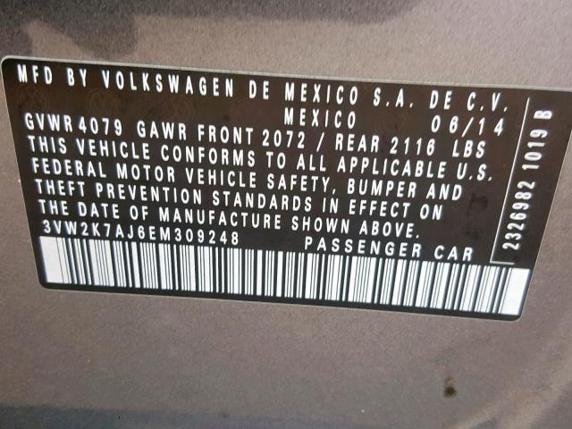 3VW2K7AJ6EM309248 - 2014 VOLKSWAGEN JETTA BASE GRAY photo 10