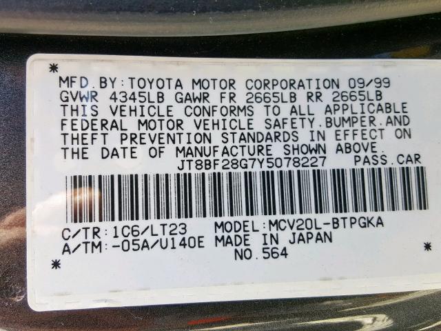 JT8BF28G7Y5078227 - 2000 LEXUS ES 300 GRAY photo 10