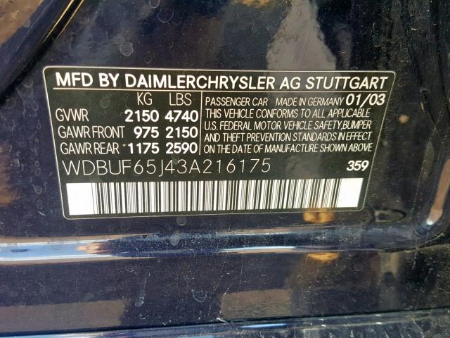 WDBUF65J43A216175 - 2003 MERCEDES-BENZ E 320 BLUE photo 10