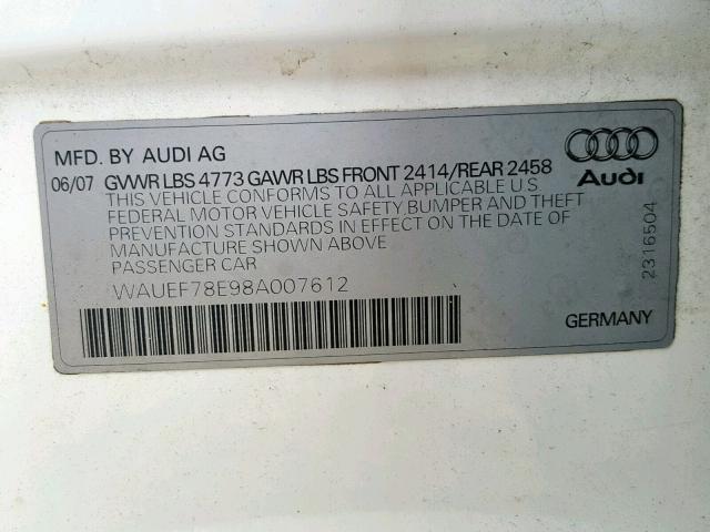 WAUEF78E98A007612 - 2008 AUDI A4 S-LINE WHITE photo 10