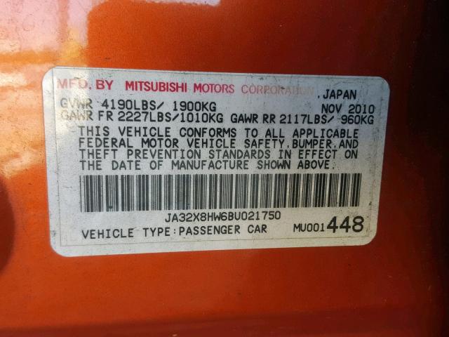 JA32X8HW6BU021750 - 2011 MITSUBISHI LANCER GTS ORANGE photo 10