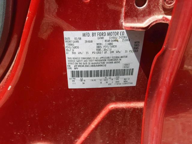 2FMDK39C38BA86632 - 2008 FORD EDGE LIMIT RED photo 10