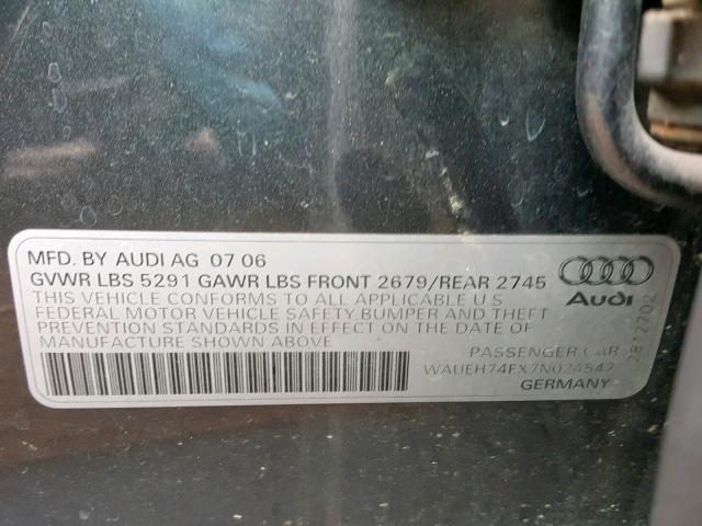 WAUEH74FX7N024547 - 2007 AUDI A6 S-LINE GRAY photo 10