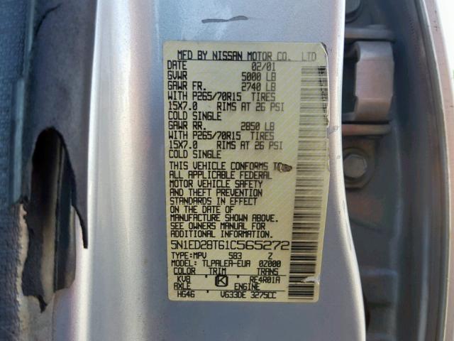 5N1ED28T61C565272 - 2001 NISSAN XTERRA XE GRAY photo 10