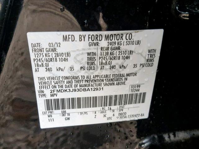 2FMDK3J93DBA12931 - 2013 FORD EDGE SEL BLACK photo 10