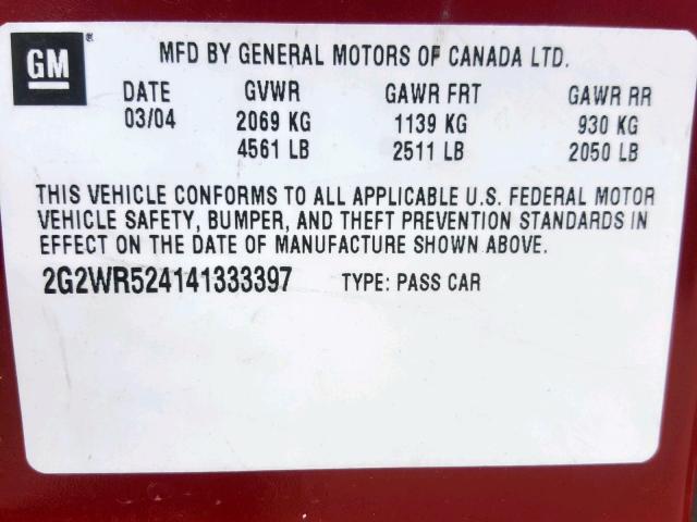 2G2WR524141333397 - 2004 PONTIAC GRAND PRIX 勃艮第红 照片 10
