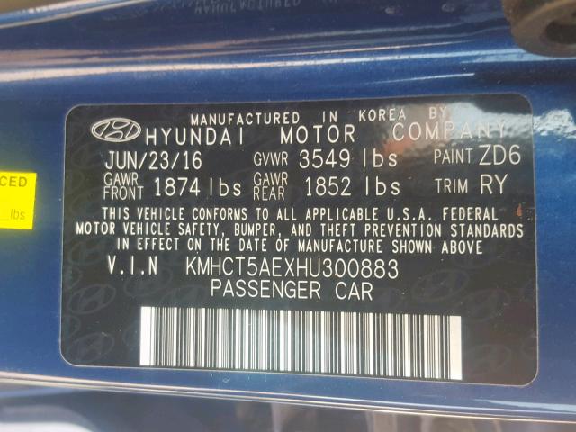 KMHCT5AEXHU300883 - 2017 HYUNDAI ACCENT SE BLUE photo 10