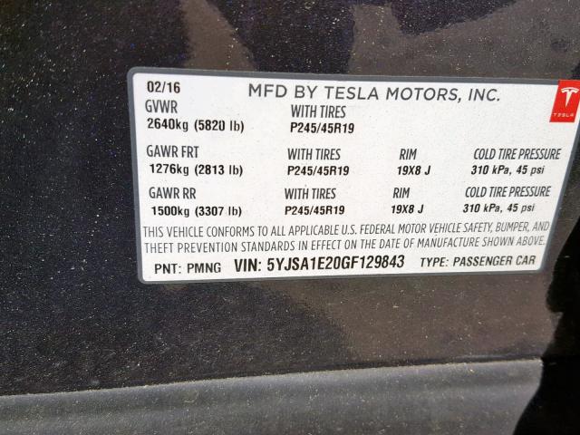 5YJSA1E20GF129843 - 2016 TESLA MODEL S Արծաթագույն լուսանկար 10