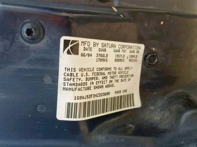 1G8AJ52F34Z223600 - 2004 SATURN ION LEVEL BLUE photo 10
