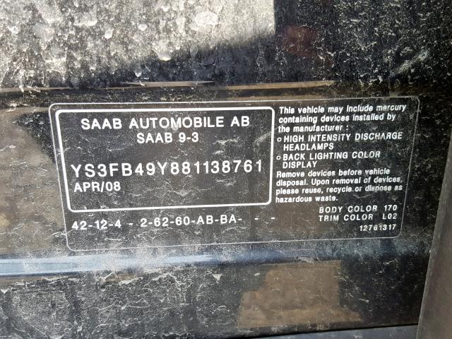 YS3FB49Y881138761 - 2008 SAAB 9-3 2.0T BLACK photo 10