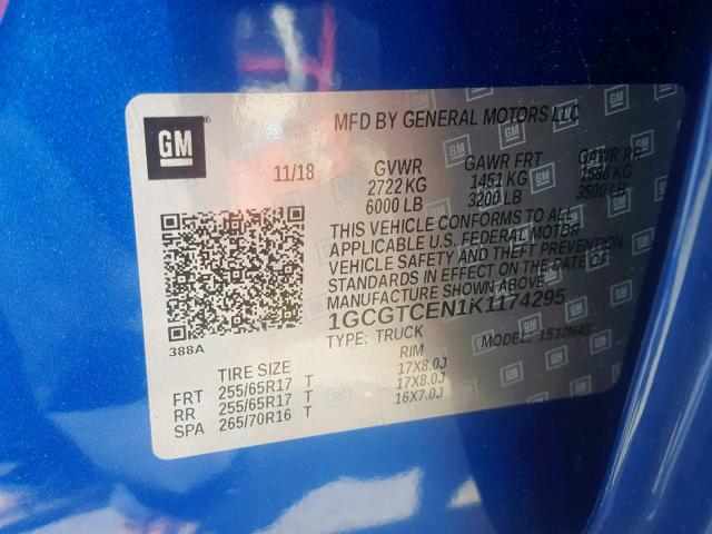 1GCGTCEN1K1174295 - 2019 CHEVROLET COLORADO L BLUE photo 10