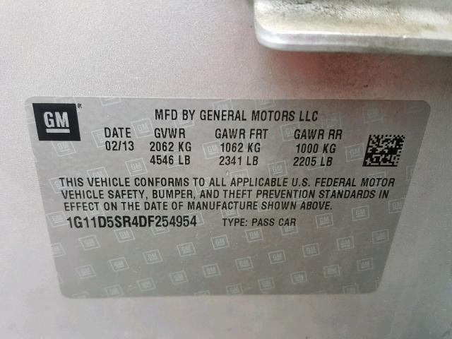 1G11D5SR4DF254954 - 2013 CHEVROLET MALIBU 1LT 银色 照片 10