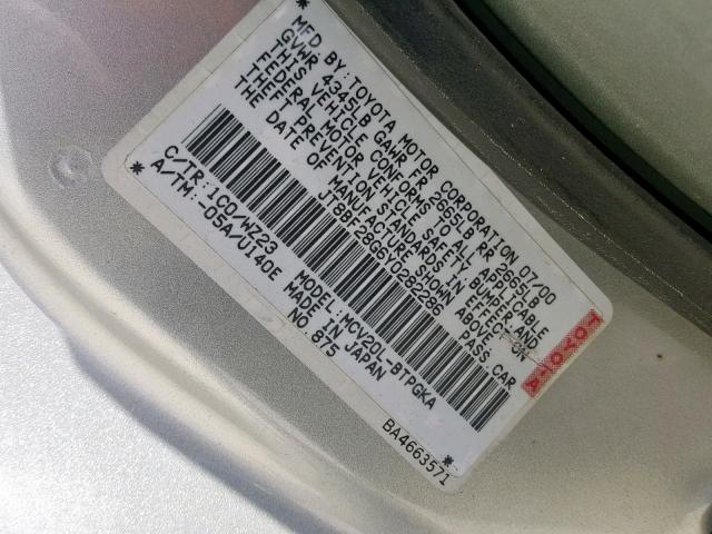 JT8BF28G6Y0282286 - 2000 LEXUS ES 300 SILVER photo 10