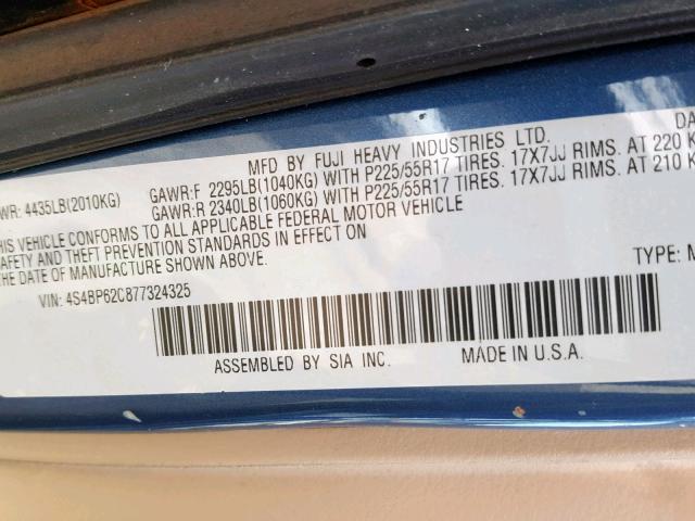 4S4BP62C877324325 - 2007 SUBARU OUTBACK OU BLUE photo 10