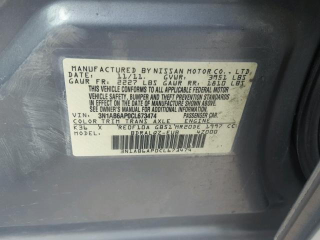 3N1AB6AP0CL673474 - 2012 NISSAN SENTRA 2.0 GRAY photo 10