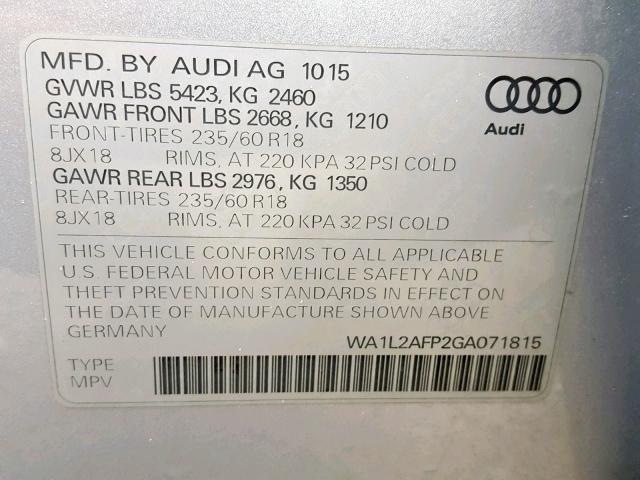 WA1L2AFP2GA071815 - 2016 AUDI Q5 PREMIUM SILVER photo 10